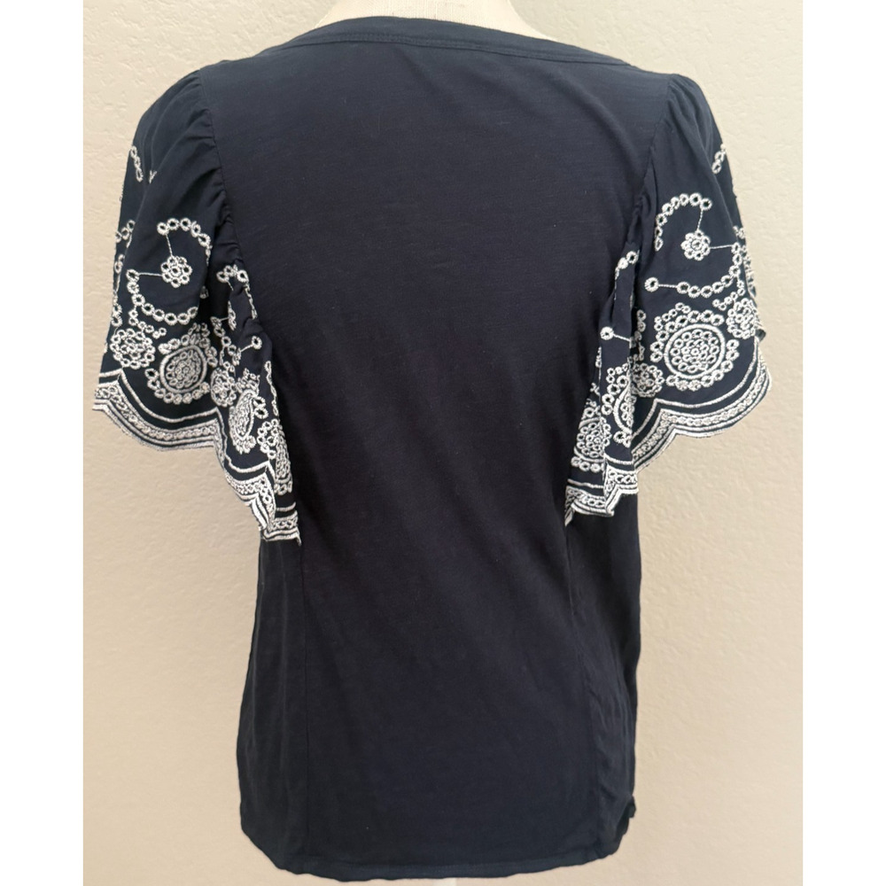 Time And Tru Women's Blouse Navy Floral Short Sleeve 100% Cotton Medium Shirt - Picture 2 of 8